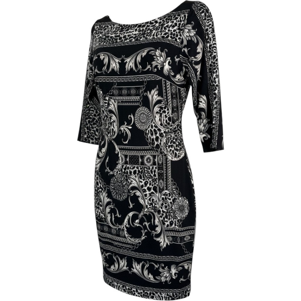 Vintage Cache Baroque Print Dress 4 Black White 3/4 Sleeve Made in USA